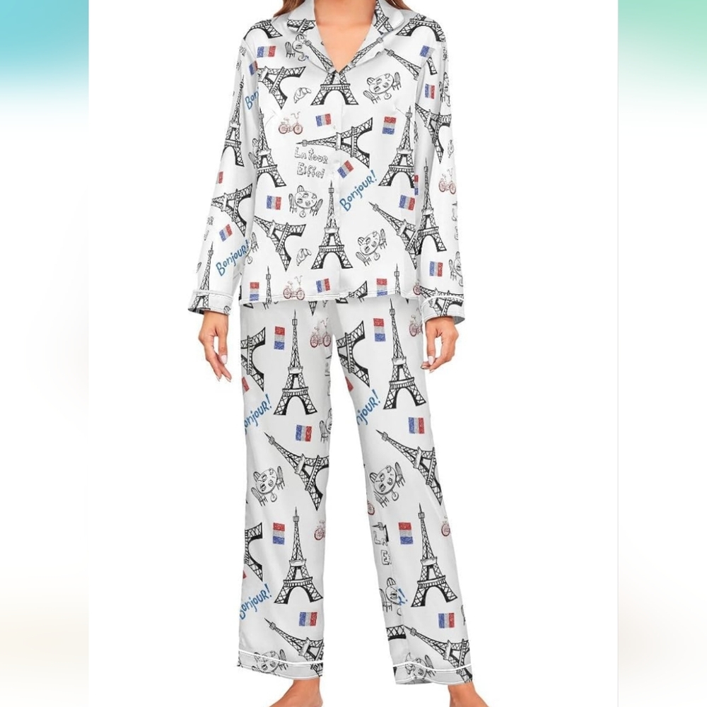 2pc White Satin Paris Eiffel Towers Theme Pajama Set